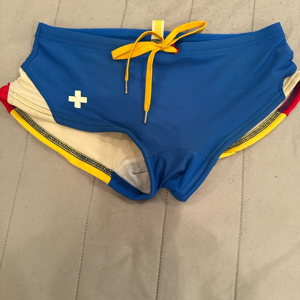 Andrew Christian Blue Swim Briefs with Yellow Accents